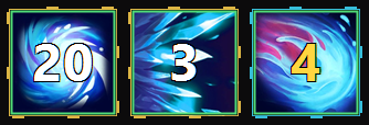 A buff row at its real size, sample data: a 20 second countdown, a 3, and a stack count of 4 in yellow