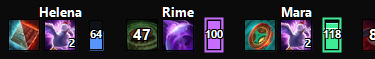 The party relic row at its real size, sample data: Helena, Rime and Mara with their relics, Rime's back in 47 seconds, and spirit gauges at 64, 100 and 118