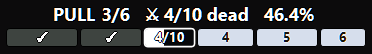 The route strip, sample data: pull 3 of 6, 4 of 10 dead, 46.4 percent, the first two pulls done